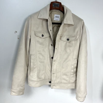 Zara White Velvet Faux Suede Jacket Men Size M Diamond Padding Zip Button Close - Image 1 of 4
