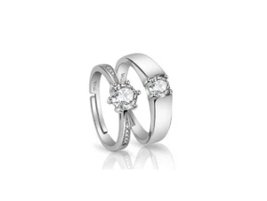 White Gold Plated Silver CZ Adjustable Engagement Promise Pair Couple Love Ring - Picture 1 of 6