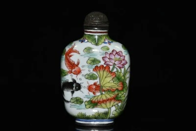 Botella de tabaco de latón esmaltado chino de 2,8"" pez animal botella de tabaco de bronce antiguo Foto 1 de 4