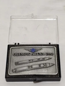 VINTAGE **AFSA OLYMPIC ARENA 1990** PEWTER BELT BUCKLE W Case - Picture 1 of 3