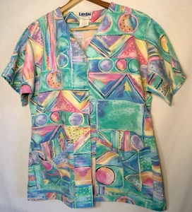 Vintage Landau Scrub Top Women S Snap Up V Neck Pastel Geometric Workwear - Picture 1 of 19