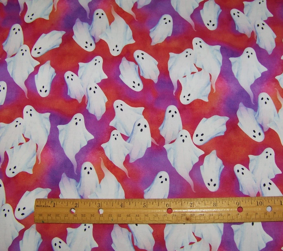 1 yard Hoffman WHITE GHOSTS on ORANGE PURPLE RED 100% Cotton Fabric HALLOWEEN - Image 1 of 1