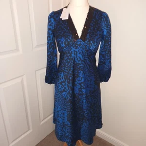 M&Co Size 10 Petite Midi Dress Blue Satin Animal Print Cruise Going Out *New* - Picture 1 of 15