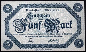 WRESCHEN / WRZEŚNIA 1918 XX-RARE SPECIMEN! 5 Mark Grossnotgeld Germany Poland - Picture 1 of 2