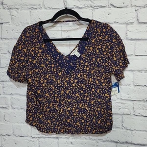 Arizona Jeans Cropped Größe Large Hemd Blau Gold Blumen High Low Neu mit Etikett Leicht - Bild 1 von 5
