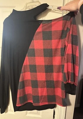 Women’s Bibi Boutique Buffalo Plaid One Shoulder Out Open Shirt XL Red Black - Image 1 of 4