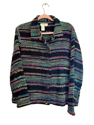 Chaqueta de chenilla Coldwater Creek negra vibrante rayas coloridas deshilachadas bordes crudos Foto 1 de 4