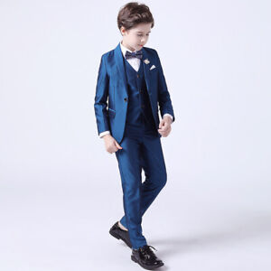 Kids Boys Blue Blazer Vest Pants 3PCS Set Children Baptism Wedding Prom Suit 