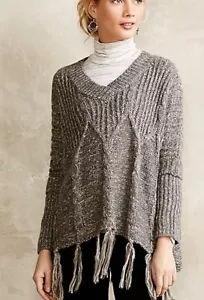 Anthropologie LOVE TOKEN XS S Poncho CABLED Sweater Fringe Heathered Cable NWT - Picture 1 of 5