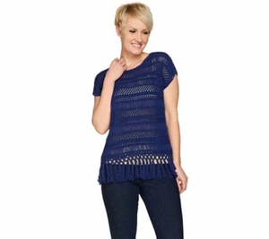 C. Wonder Womens XL Sweater Knit Crochet Extended Shoulder Top Tassel Trim Navy - Picture 1 of 7