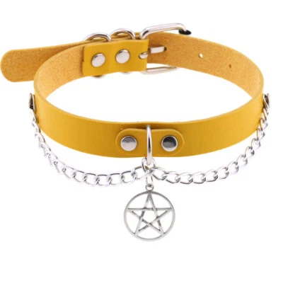 Gothic Punk Style Leather Chain Choker Collar with Pentagram Charm Necklace - Image 1 of 4