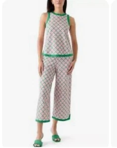 Crown & Ivy Pique Printed Trimmed Crop Pants/Top Outfit Large NWT Pink Bamboo - Picture 1 of 11