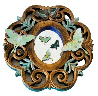 Small Framed Mirror Hand Painted Metallic + Butterflies & Luna Moths 9x9" OOAK - Image 1 of 4