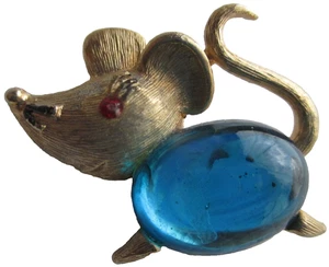 Broche prendedor vintage firmado por J Jalea azul vientre ratón tono dorado ojo rojo nuevo sin etiquetas - Imagen 1 de 6