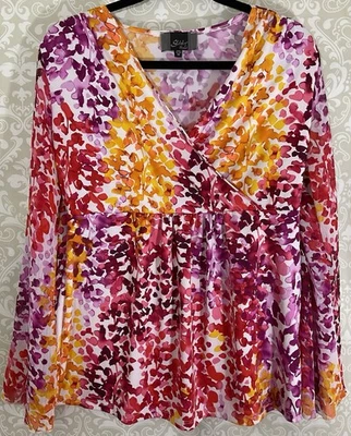 SLINKY BRAND Women’s Tunic Top Medium Colorful Faux Wrap Long Slvs Boho Hippie - Image 1 of 4