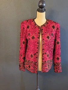 Pailletten Hi Fashions rot/schwarz Perlen Seide Jacke Small - Bild 1 von 13