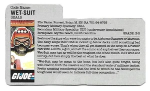 1986 Wet Suit v.1 FILE CARD #2 gray filecard bio original GI Joe JTC - Picture 1 of 2