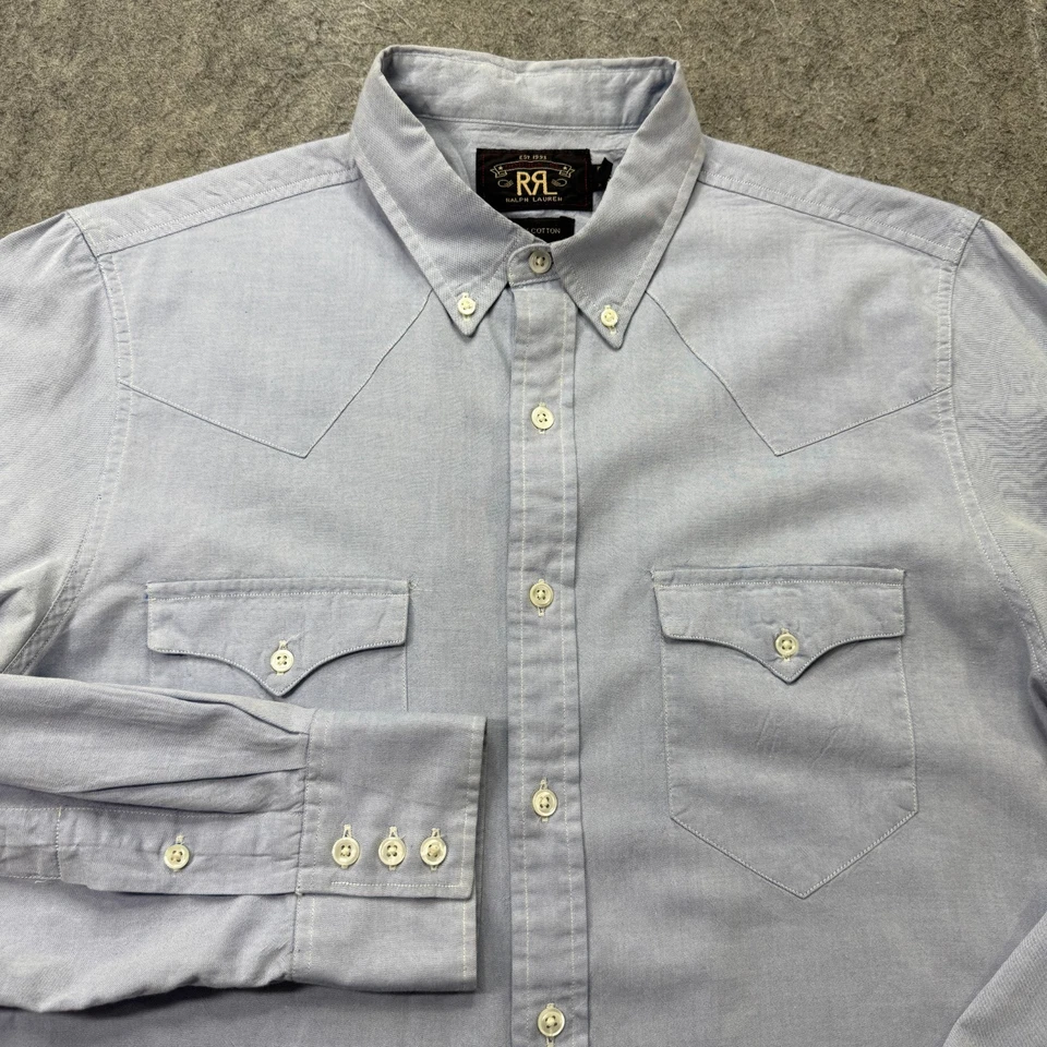 RRL Ralph Lauren Camisa Oxford Hombres M Azul Sólido OCBD Manga Larga Calce Clásico Foto 1 de 4
