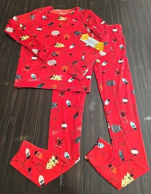 Cat & Jack Size 12 Christmas Pajamas Red Soft Velour w/ String Lights Design NWT - Image 1 of 4