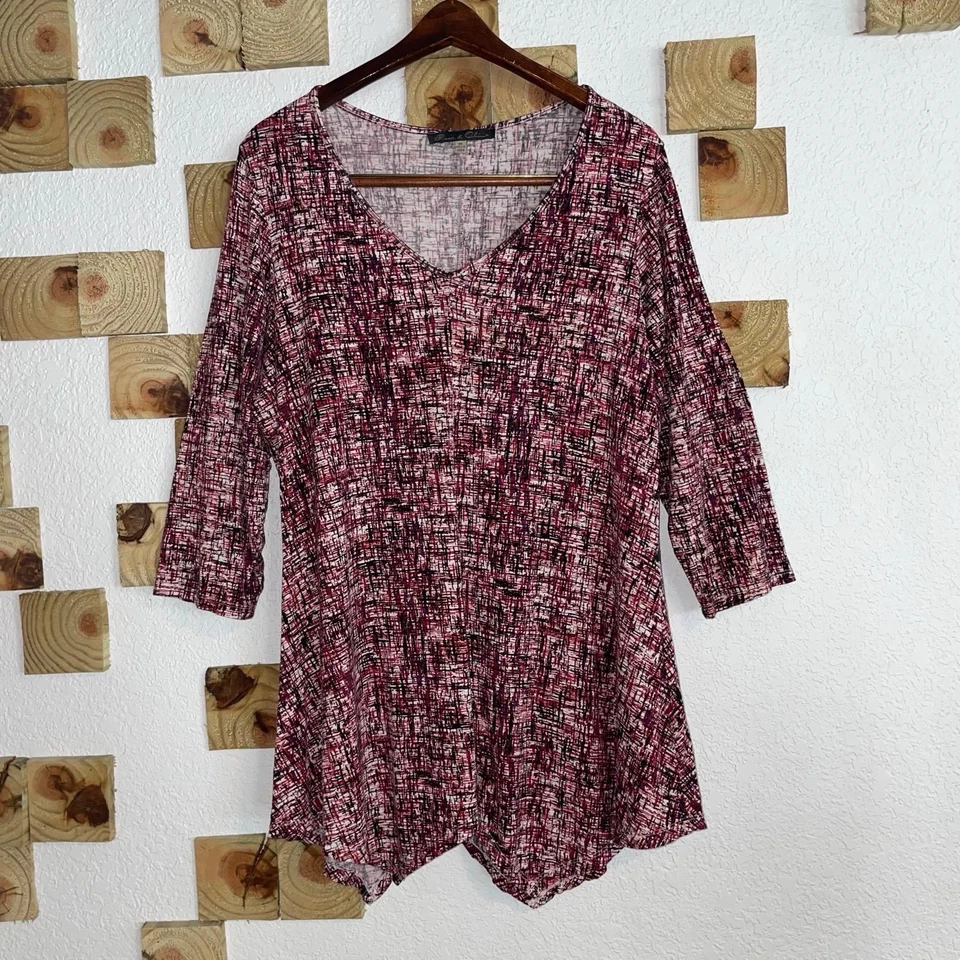 Top túnica boho rosa oliva para mujer 3X Plus manga 3/4 dobladillo puntiagudo fluido Foto 1 de 4