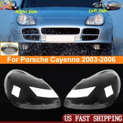 2PCS Car Headlight Lens Cover Shell+Glue Clear For Porsche Cayenne 2003-2006 - Image 1 of 4
