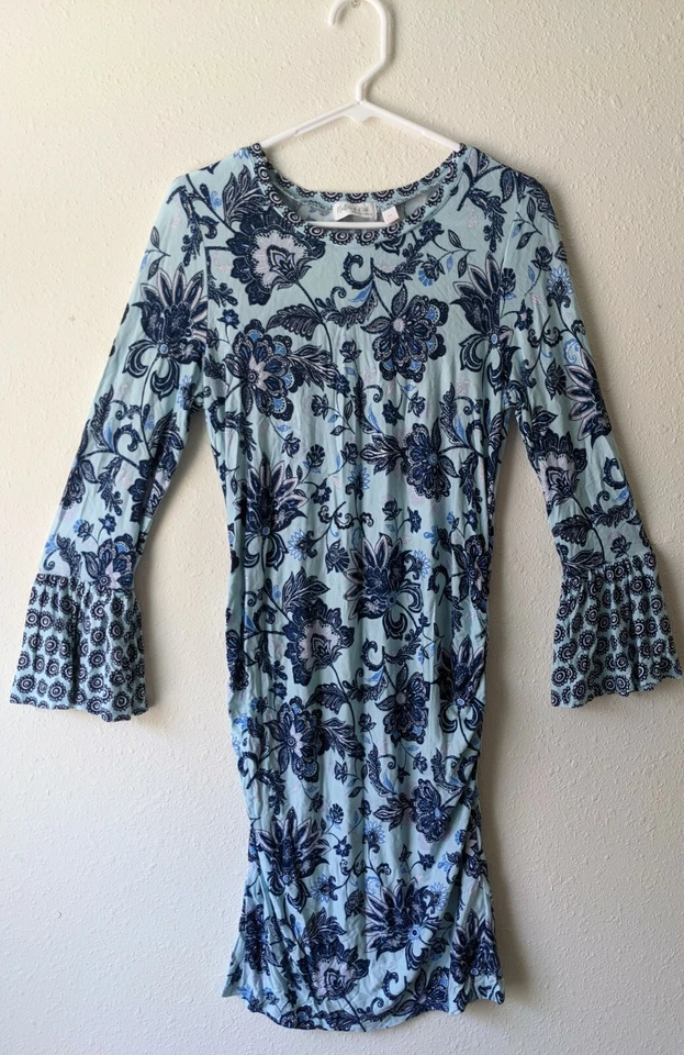 MATERNITY DRESS Long Sleeve Baby Blue & Navy Floral Print FLUTTER & KICK L dress - Image 1 of 1
