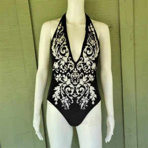 JANTZEN Black White Sequin Deep V Sexy Swimsuit 6 - Picture 1 of 6