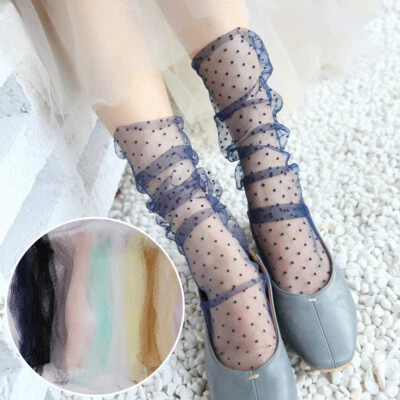 Women Mesh Socks Lace Ruffle Sheer Silky Glitter Fishnet Short Ankle 6 pair - Image 1 of 4