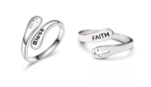 925 Sterling Silver Faith / Bless Open Rings Adjustable with FREE Gift Box - Picture 1 of 4