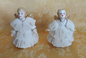 Pair of Irish Dresden Porcelain White Lace Boy & Girl Angel Figurines Gold Gilt - Picture 1 of 13