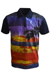 Mens Kitsch 70's 80's Midnight Sunset Hawaiian Striped Polo Top - Picture 1 of 2