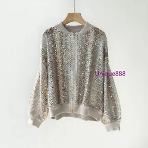 Womens Autumn Sequined Turtleneck Cardigan Knitted Jacket for Brunello Cucinelli - Picture 1 of 23