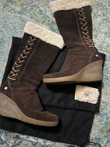 UGG Women 6 Felicity Boots Dark Brown Wedge Shearling Suede Mid Calf Zip 5450 - Picture 1 of 7