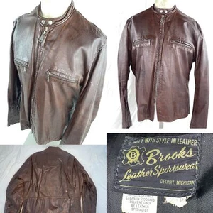 VTG 70S MENS 48 LARGE BROOKS RACER CAFE BROWN MOTORCYCLE BIKER LEATHER JACKET - Picture 1 of 20