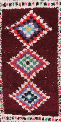 Vintage Thick-Plush Geometric Moroccan Oriental Runner Rug Wool Hand-knotted 3x7 - Image 1 of 4
