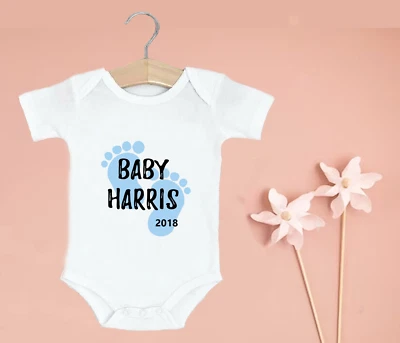 Personalised Custom Baby Name Vest heart Baby Grow Bodysuit Reveal Announcement - Image 1 of 2