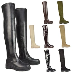 Womens Over The Knee Boots Ladies Chunky Sole Stretch Leg Thigh High Biker Size - Picture 1 of 49