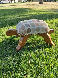 Vintage Turtle Foot Stool Wood w/Upholstered Cover 60s Folk Art MCM Handmade 21" - Picture 1 of 11