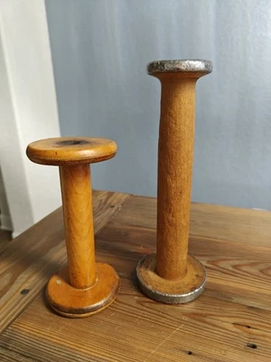 2 Antique Handmade Wooden Spools Patina Textile Industrial Primitives Decor  - Image 1 of 4