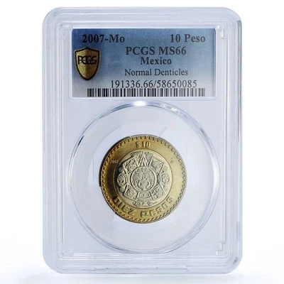Mexico 10 pesos Aztec Rev. Normal Denticles KM-616 MS 66 PCGS bimetal coin 2007 - Image 1 of 4