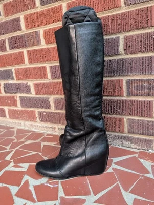 VINCE. Women's Black Leather Knee High Wedge Boots-Pull-On (No Zipper)- Size 6M - Image 1 of 4