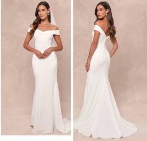 Lulus Arienne Maxikleid weiß schulterfrei Meerjungfrau klein Braut Hochzeit - Bild 1 von 8