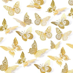 48-Pc 3D Butterfly Wall Decor - 4 Styles, 3 Sizes, Gold - Removable Stickers - Picture 1 of 7