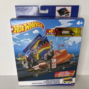 Hot Wheels City Tankstelle Schaltbahn Set mit einem Fahrzeug Nagelneu - Bild 1 von 4