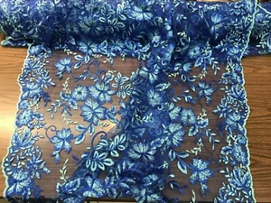 Royal Blue Floral Design Embroidered with Sequins and Cordered Metallic Lace - Picture 1 of 6