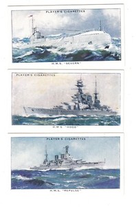 3 1939 UK Warships Cards Submarine SEVERN Cruisers REPULSE & HOOD