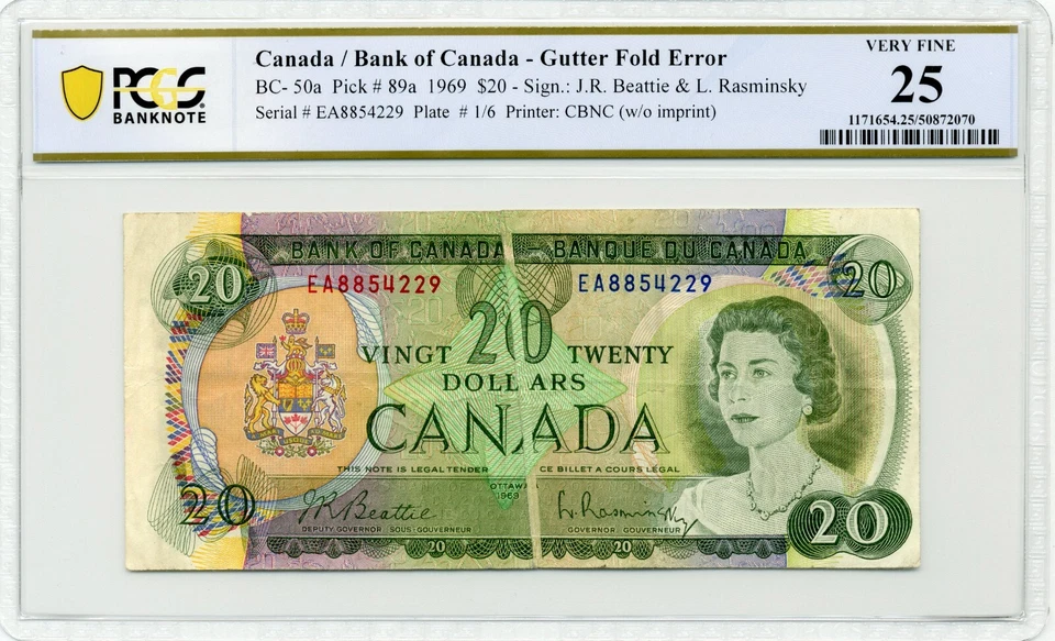 1969 $20 GUTTER FOLD ERROR - Bank of Canada, BC-50a - PCGS VF25 - Image 1 of 2