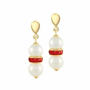 Kaleidoscope Red Crystal Shell Pearl Gold Tone Drop Pierced Earrings - Picture 1 of 2