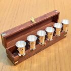 Set Of 6 Brass Antique Style Shot Glass Silver Coated Wooden Box