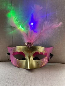 Halloween Party Mask Light Up Eyemask Masquerade Mask Faux Pink Feather Mask - Picture 1 of 9